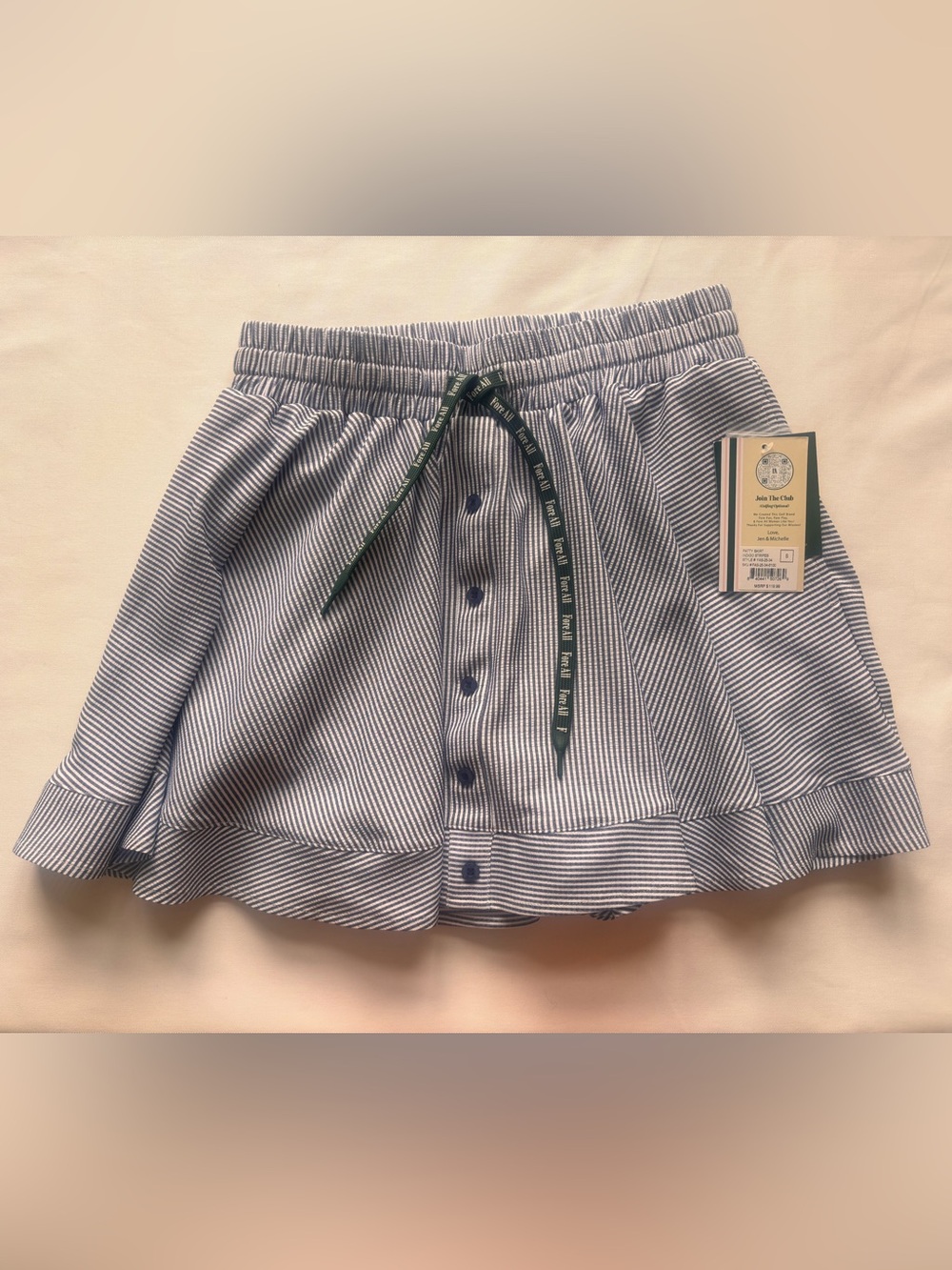Striped Blue Button-Front Drawstring Mini Skirt